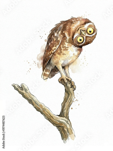 A bewildered owl perched on a branch, turning its head completely backward and gazing curiously. An artistic watercolor painting in brown tones, themed around flexibility and curiosity.