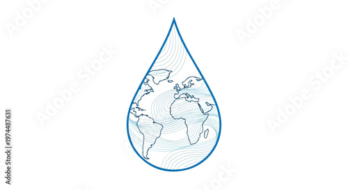 Stylized illustration of a water droplet containing a faint outline of the Earth globe symbolizing global water