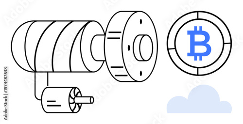Cybersecurity, blockchain technology, financial security, online surveillance, cloud storage, digital economy. A surveillance camera next to a Bitcoin symbol and a cloud icon. Cybersecurity