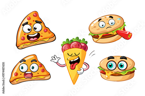Cartoon Funny Food Emoji Reaction Face Expression Pizza Burger Vector Illustration Isolated Set

