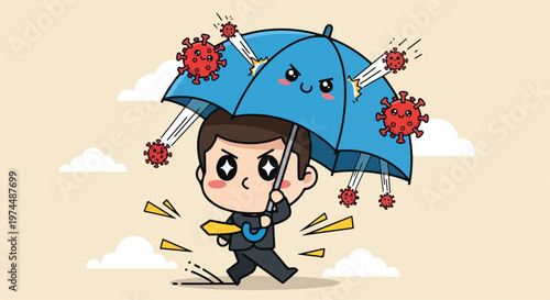 Businessman holding a large blue umbrella protecting himself from cartoon virus germs attacking from above