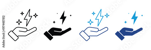 Hand holding lightning bolt with stars icon vector. Energy power, fast service, innovative idea, and electrical inspiration symbol. Vector Illustration.