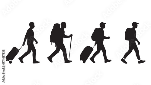 Silhouette Of People Walking With Luggage On White Background For Travel Concepts