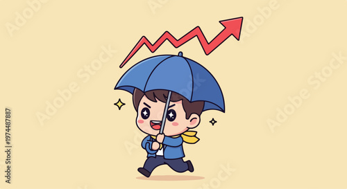 Chibi businessman running with umbrella protecting from upward trending graph symbolizing growth and success