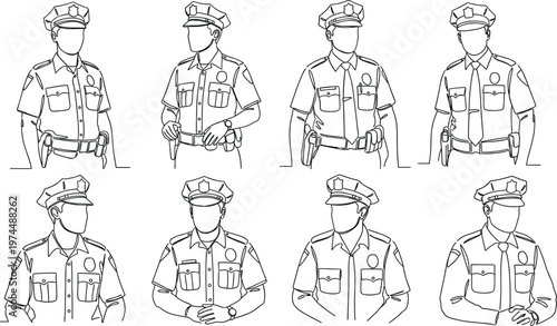Police Officer Line Art Character Set with Different Poses and Uniform Details, Law Enforcement Vector Illustration Collection for Security, Public Service and Authority Designs