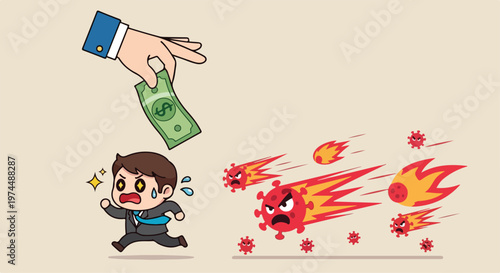 Businessman running away from virus pandemic while hand offers money for protection against disease outbreak