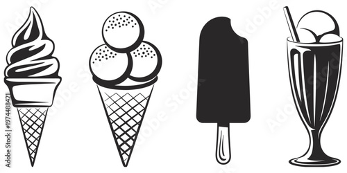 Ice cream cones, popsicle, sundae glass silhouettes, waffle cone scoops, frozen dessert artwork design concept, sweet summer treat flat vector illustration