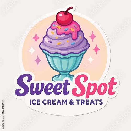 A vibrant ice cream sundae logo for 'Sweet Spot Ice Cream & Treats' depicts a delicious dessert in a cute sticker design.