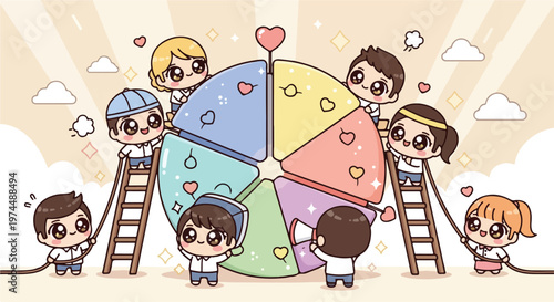 Diverse group of cute cartoon children working together to build a colorful pie chart symbolizing teamwork