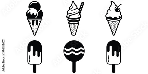 Ice cream cones, soft serve, popsicles, lollipop silhouettes, frozen dessert artwork design concept, sweet food summer treat flat vector illustration