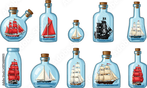 Ship in Bottle Illustration Set with Pirate and Sailing Vessels, Nautical Glass Bottle Collection with Miniature Boats for Maritime, Ocean and Vintage Design Projects