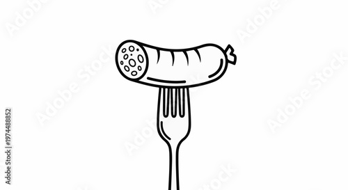 A simple, bold outline illustration of a sausage impaled on a fork