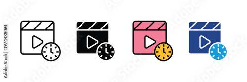 Movie clapper board with clock icon, video production time, media scheduling, film duration, and cinema project management vector. Vector Illustration.