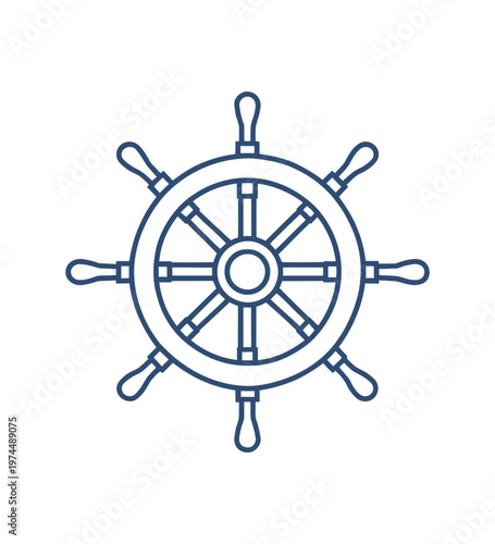 Blue vector of a traditional ship wheel featuring eight spokes and a central hub