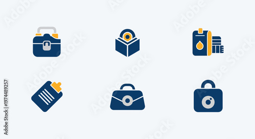 Collection of six blue and yellow business and finance icons, including a briefcase, notepad, and oil barrels