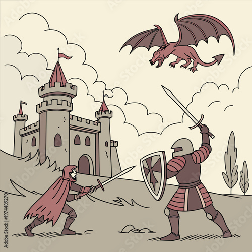 Knight fighting dragon in front of a castle fantasy battle scene epic battle
