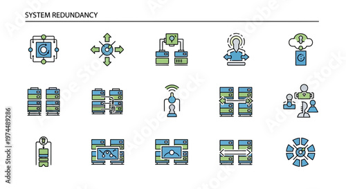 A collection of pixel art icons featuring various items like umbrellas, locks, folders, and cameras, presented in a digital, retro style suitable for software or web design