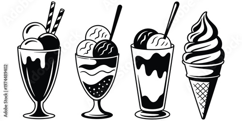 Ice cream sundaes, milkshake glasses, waffle cone silhouettes, syrup toppings, cherry dessert artwork design concept, sweet food flat vector illustration