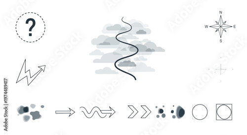 Diverse collection of abstract vector symbols and graphic elements for design projects, featuring question marks, arrows, cloud paths, compass roses, and geometric shapes