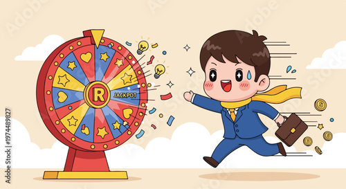 Excited businessman running towards a spinning prize wheel with money and lightbulbs flying out
