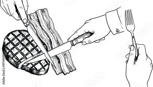 Steak and Bacon Cooking Line Art Illustration with Hands Using Knife and Fork, Vintage Culinary Vector Design for Food Preparation, Meat Cutting and Kitchen Concepts