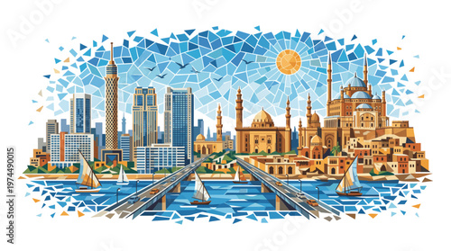Vibrant mosaic illustration of a cityscape blending modern skyscrapers with ancient historical architecture across a river, under a sunny sky.