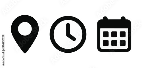 Location time and calendar icons on white background Keywords: location, pin, map, marker, time