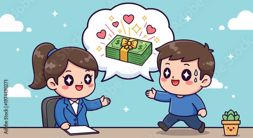 Happy man receiving a gift of money from a smiling woman in a business setting, symbolizing financial success