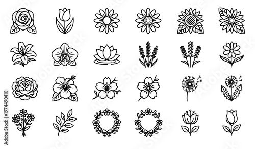 Flower line icon set with rose tulip daisy and botanical floral symbols minimal outline vector