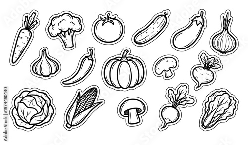 Monochrome hand drawn vegetable sticker collection with black outline food doodles isolated vector EPS