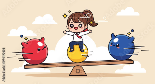 Cute cartoon girl balancing on a seesaw between red and blue balls with cheerful expression