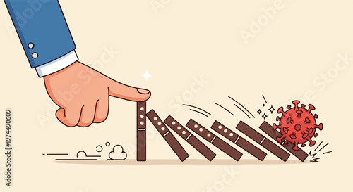 Businessman's finger pushing dominoes causing a chain reaction with a virus at the end