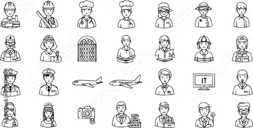 Konstfotografi Professions Icons: Diverse Occupations in Outline Style