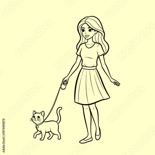 A delightful line drawing illustration of a young woman walking her cat on a leash in a park, capturing a moment of pet companionship and outdoor leisure