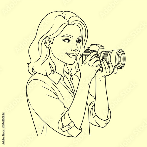A woman with a smile holding a camera in her hands, capturing a moment for her photography hobby
