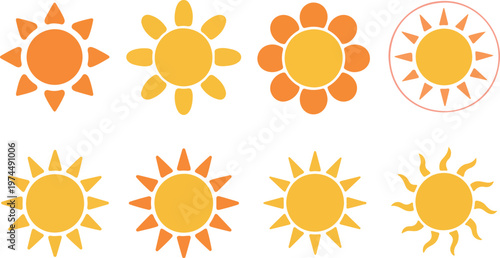 Set of bright yellow and orange sun icons with different ray styles, abstract weather symbol collection for summer design