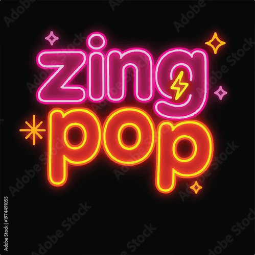 Bright neon sign displaying the words zing pop with glowing pink and orange light against a solid dark black background