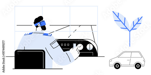 Transportation, aviation, green energy, eco-transport, sustainability, environmental technology. A pilot adjusting cockpit controls with a leaf and a car. Aviation and green energy concepts