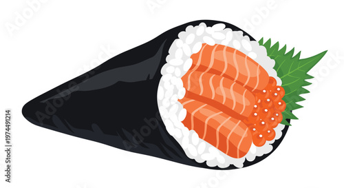 Delicious temaki sushi hand roll with fresh salmon and roe is presented as a mouthwatering example of traditional japanese seafood cuisine.
