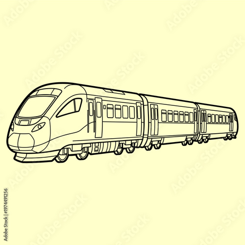 Outline drawing of a contemporary high-speed passenger train, depicting efficient modern rail travel and advanced public transportation design for urban and intercity routes