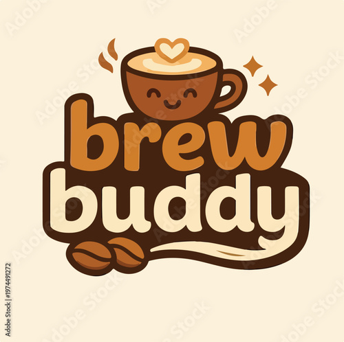 Cute cartoon coffee logo design featuring a happy steaming cup with text that reads brew buddy for branding your cafe