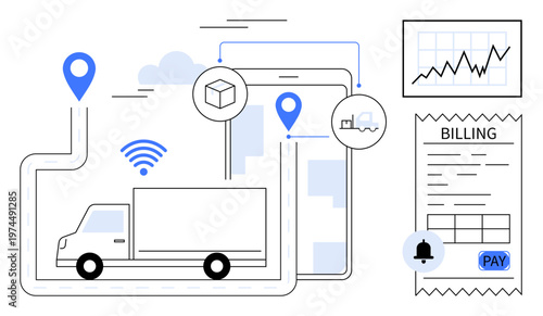 Logistics, delivery tracking, business management, digital tools, financial planning, invoicing. Truck on a road with GPS signals, a tablet and a billing chart. Logistics and delivery tracking