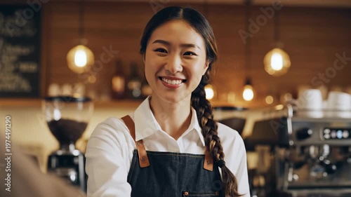 Friendly Asian Barista Serving Coffee to Customer in Modern Cafe.