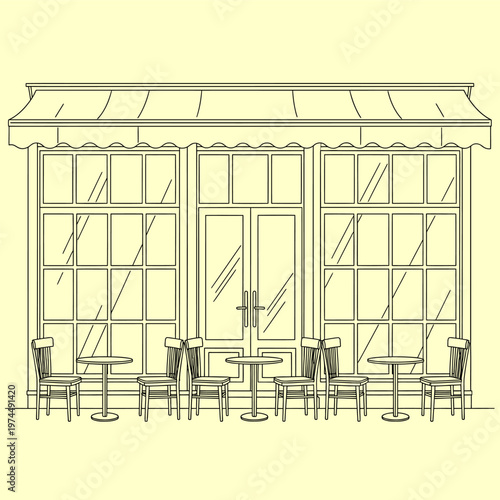 Detailed monochrome line illustration of an inviting cafe or bistro storefront, featuring an awning and vacant outdoor patio seating, evoking a timeless urban charm with European flair