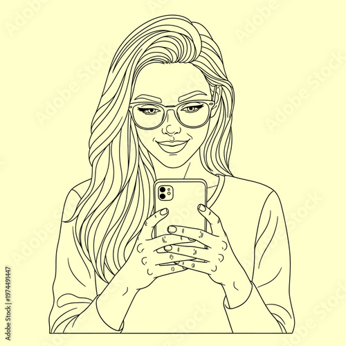 Young woman with glasses looking at her phone, smiling, light background