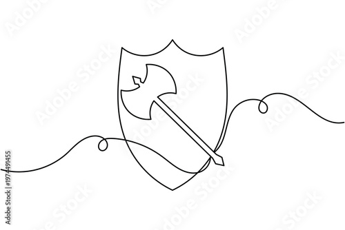 Double bladed battle axe and shield icon continuous one line drawing on white background minimalist weapon safety tool symbol outline vector illustration