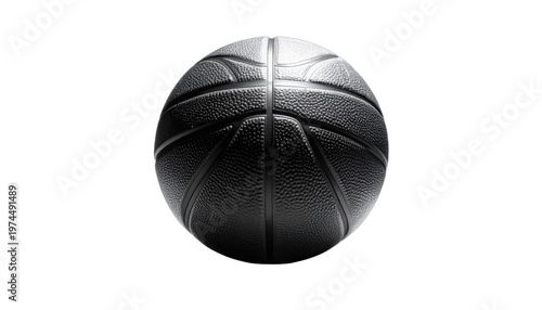 A solitary basketball is dramatically illuminated against a stark black background, highlighting its textured surface and iconic design.