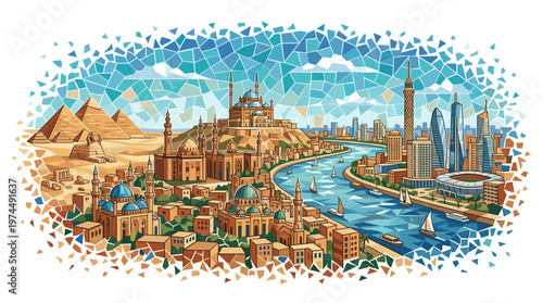Panoramic mosaic illustration of Cairo, Egypt, blending ancient pyramids and historic mosques with modern skyscrapers along the Nile River.
