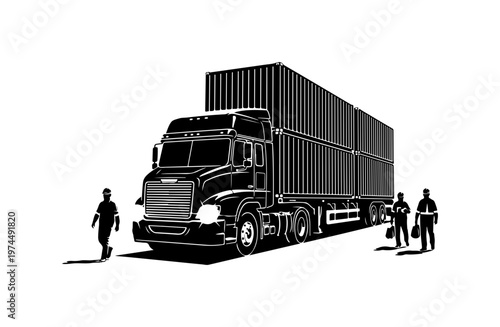 Black Semi Truck with Cargo Container and Workers