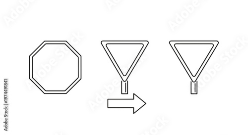 Set of road signs including an octagonal stop sign, two yield signs, and an arrow indicating direction, in a minimalist line art style